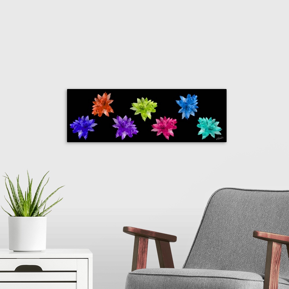 A modern room featuring A long horizontal design of vivid colored flowers on a black backdrop.