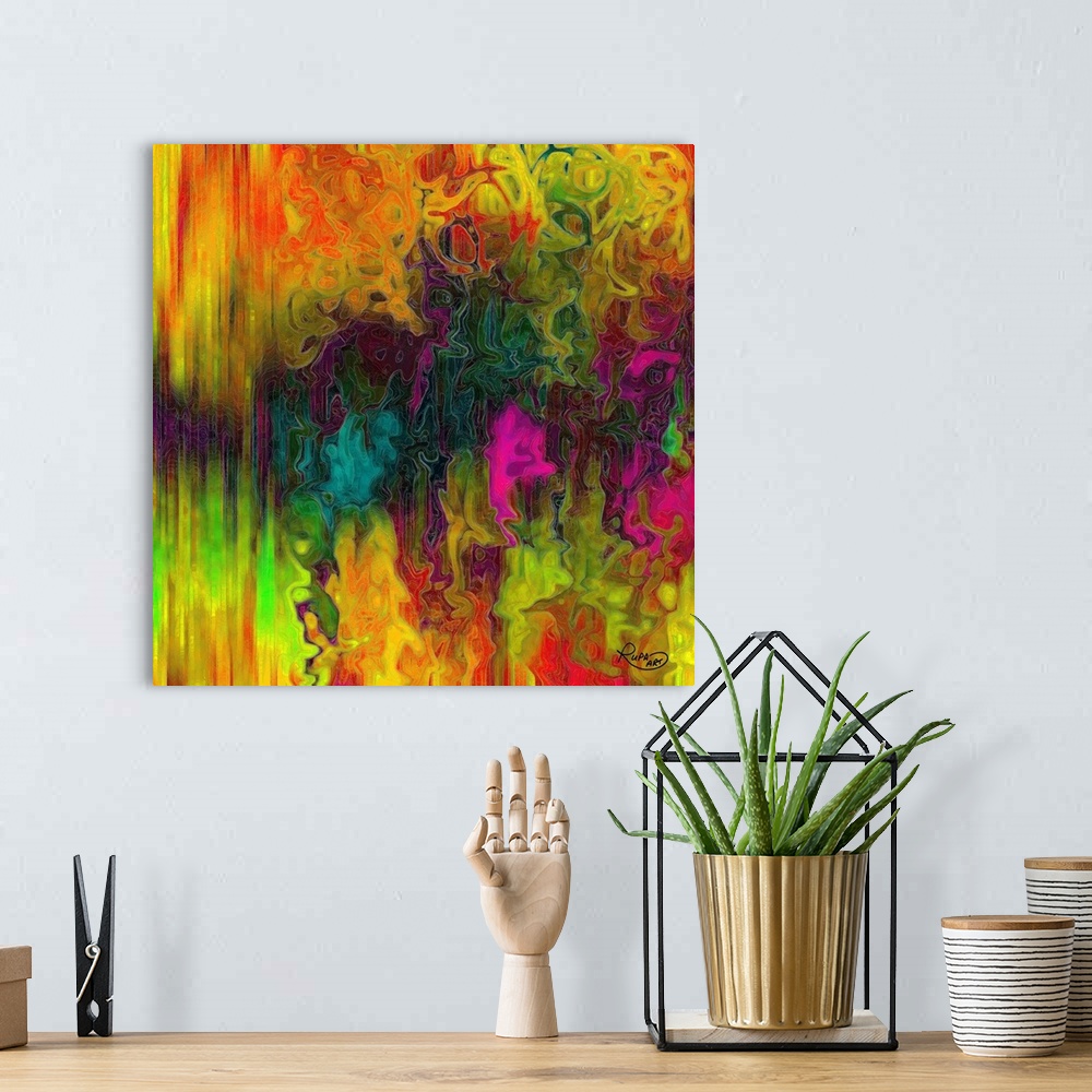 A bohemian room featuring Square abstract art that has colorful, vertical lines stacked together on the left and a busy lin...