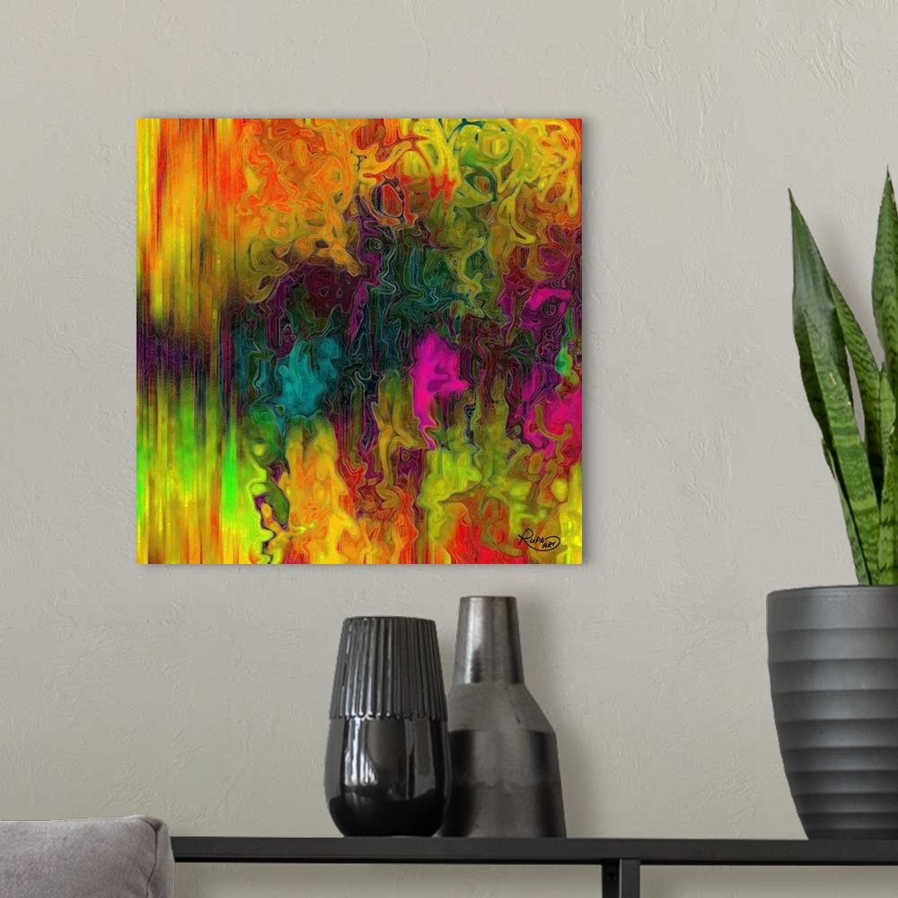 A modern room featuring Square abstract art that has colorful, vertical lines stacked together on the left and a busy lin...