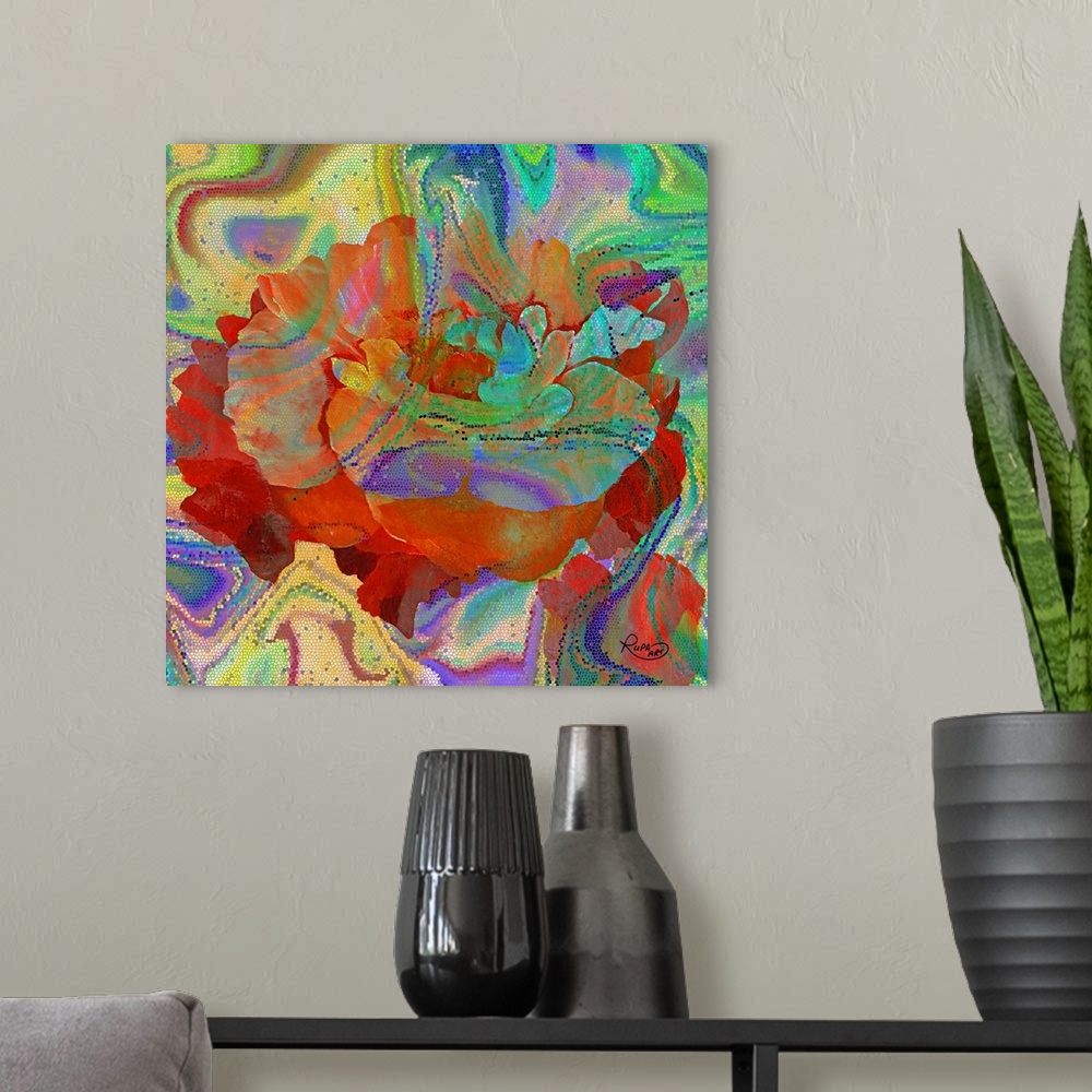 A modern room featuring Colorful square floral art made in a mosaic style.