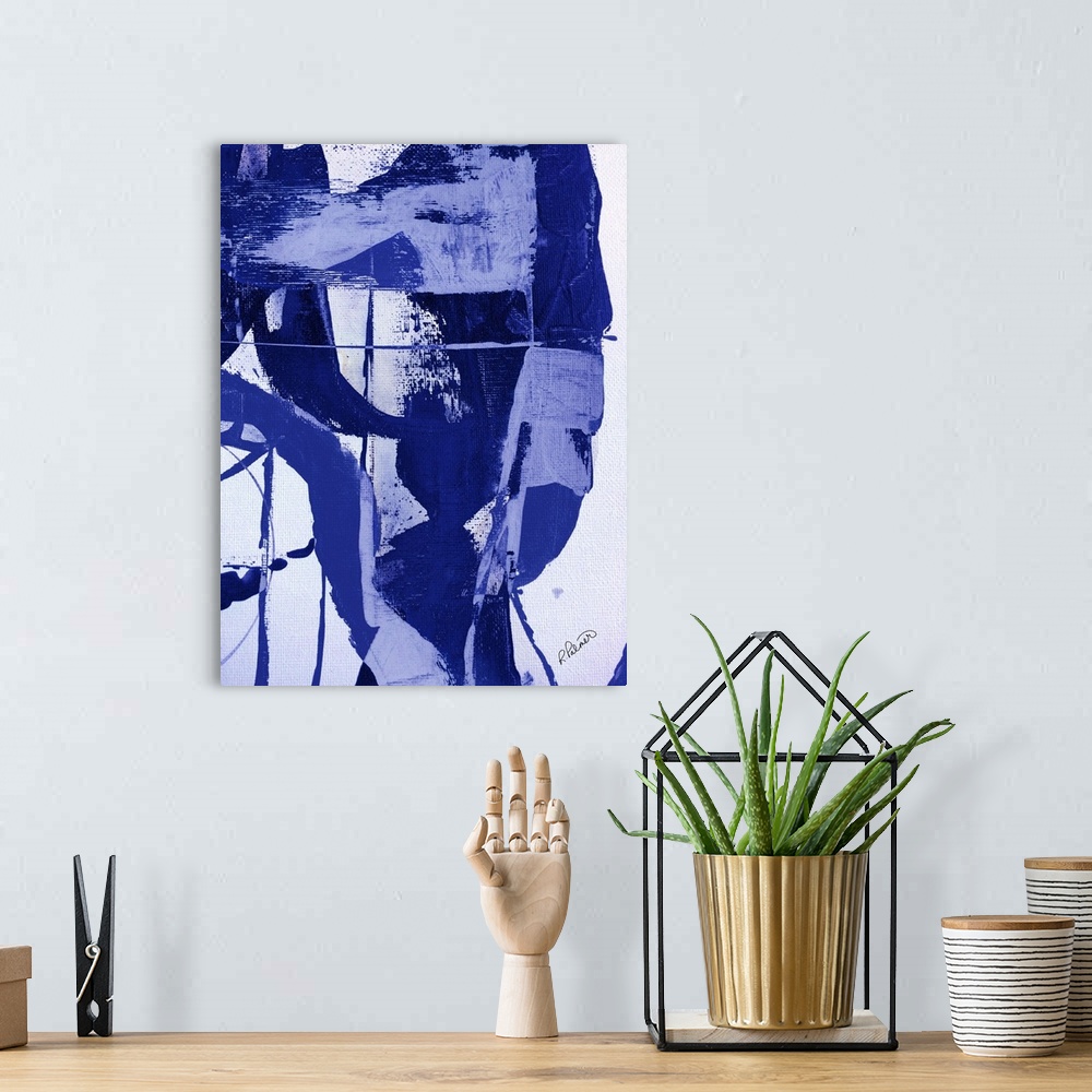 A bohemian room featuring Abstract painting with large brushstrokes in blue and light purple on a white background.