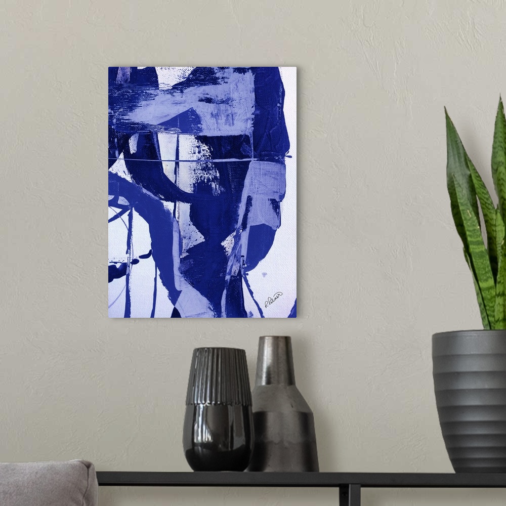A modern room featuring Abstract painting with large brushstrokes in blue and light purple on a white background.