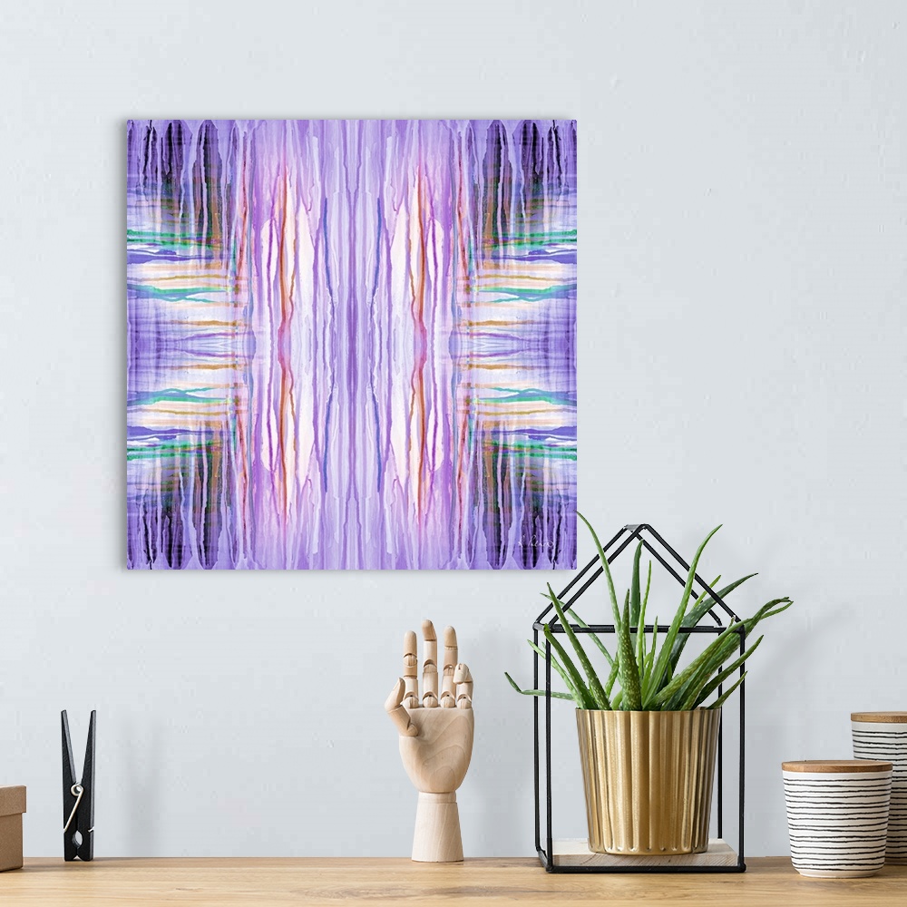 A bohemian room featuring Contemporary abstract painting of a mirrored pattern using neon purple lines.
