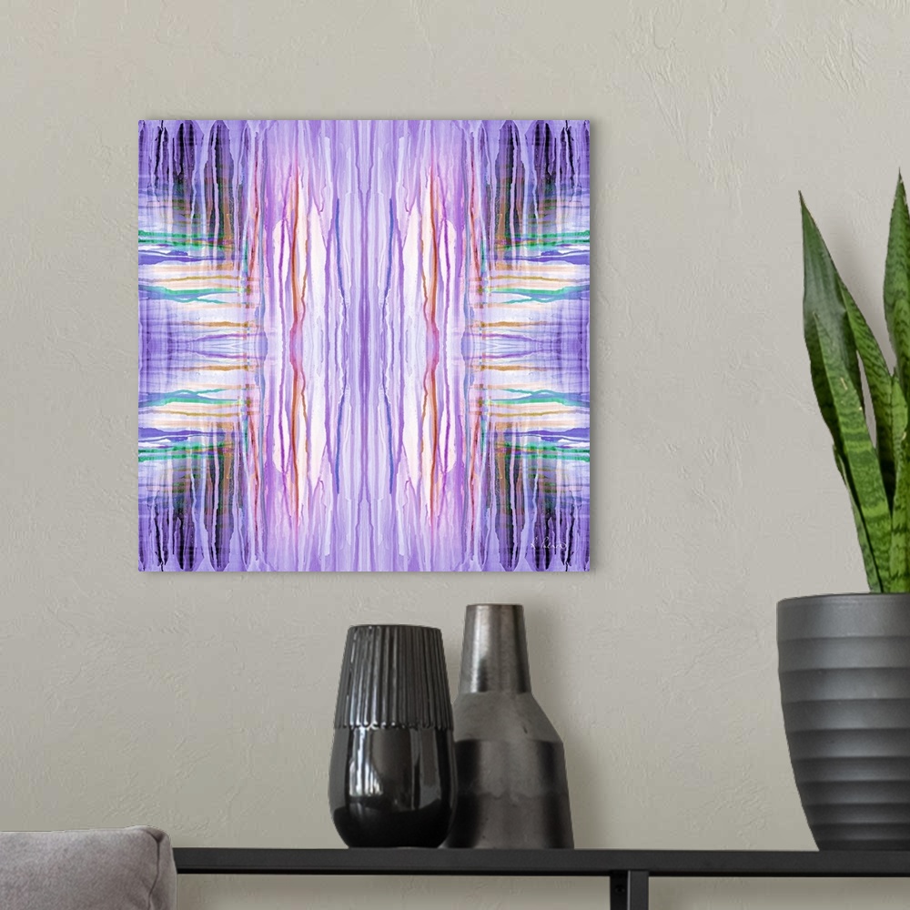 A modern room featuring Contemporary abstract painting of a mirrored pattern using neon purple lines.