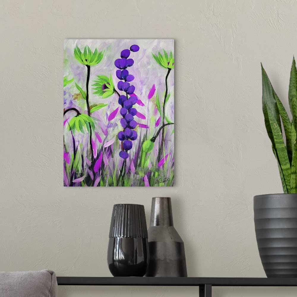 A modern room featuring Purple Green Flowers