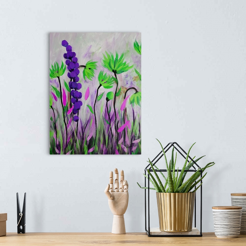 A bohemian room featuring Purple Green Flowers II