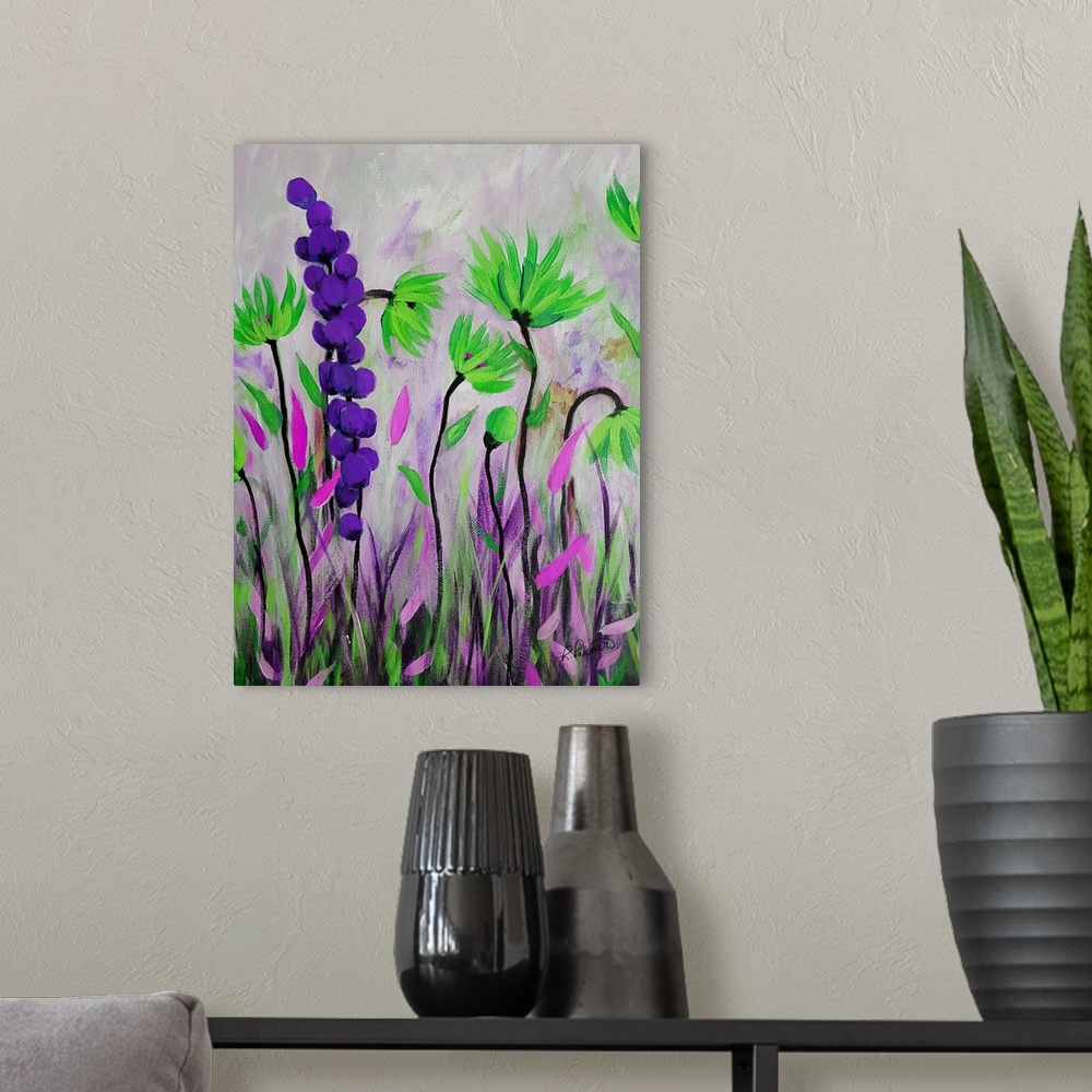 A modern room featuring Purple Green Flowers II