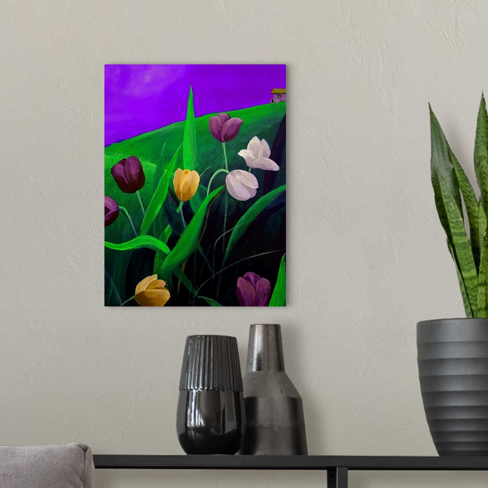 A modern room featuring Purple Sky Tulips