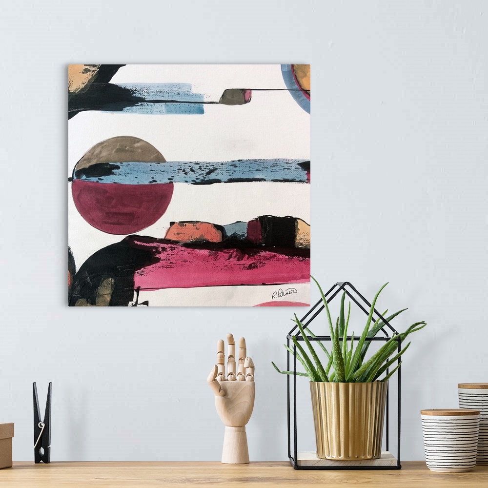 A bohemian room featuring Square abstract painting with bands of color throughout and a circular figure in the middle, all ...