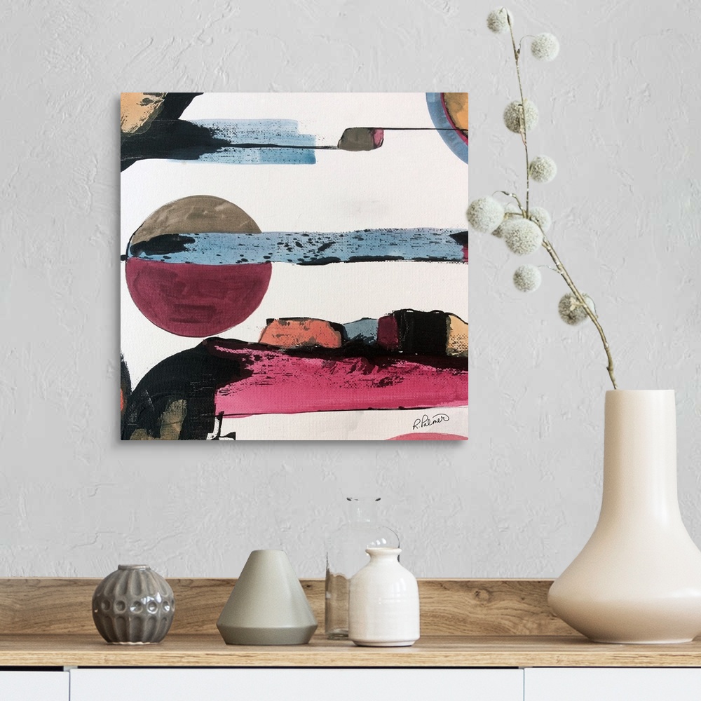 A farmhouse room featuring Square abstract painting with bands of color throughout and a circular figure in the middle, all ...