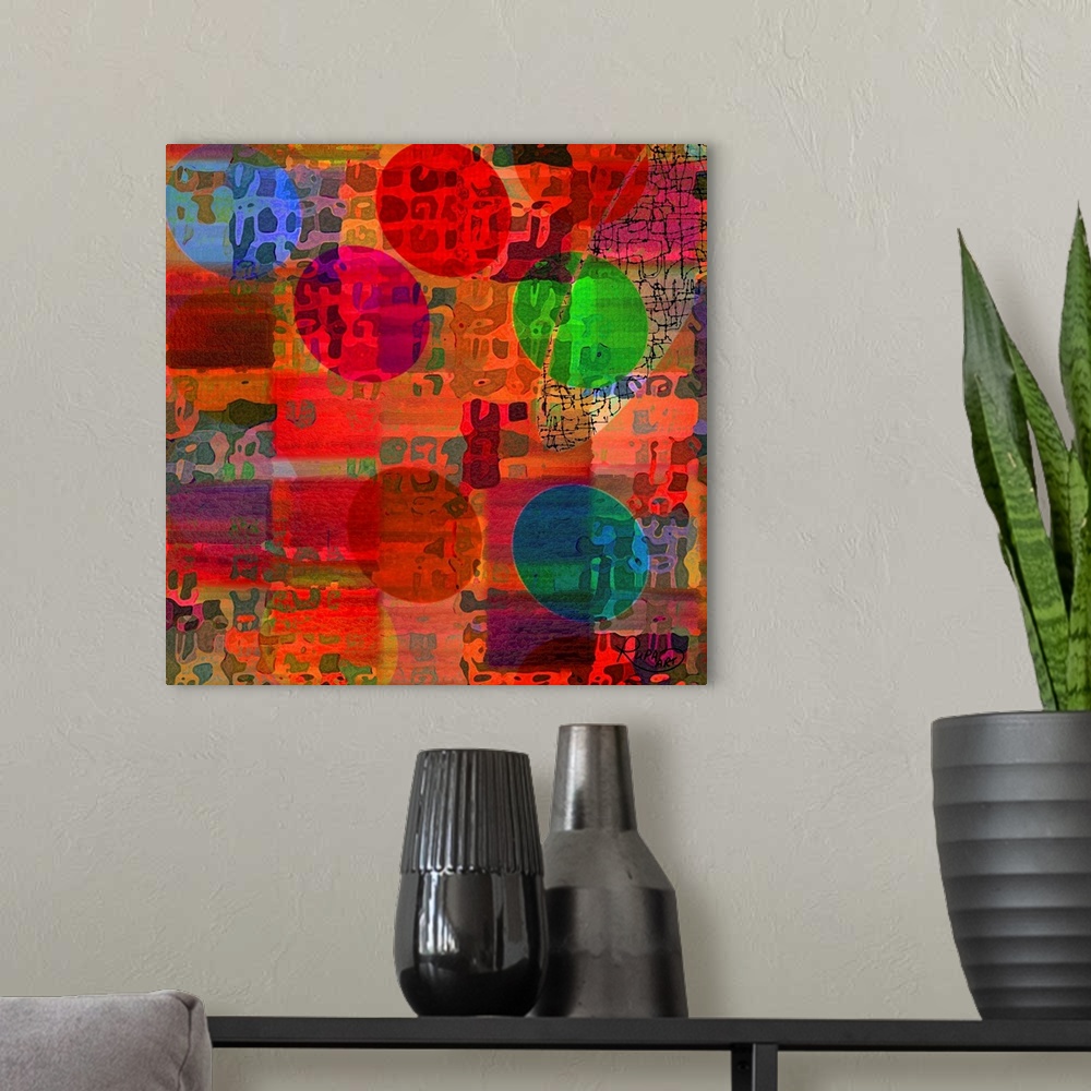 A modern room featuring Square abstract art that has squares on the background made with different shades of red, bright ...