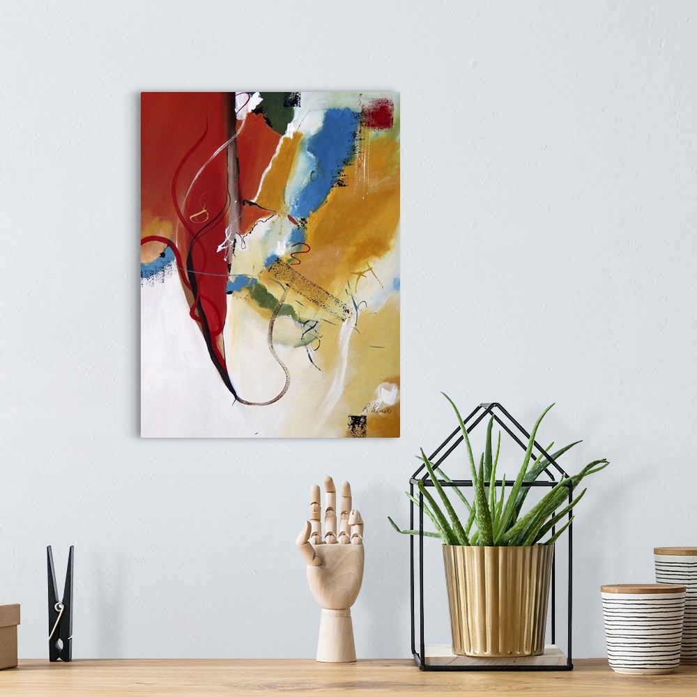 A bohemian room featuring Abstract contemporary art of bold primary colors on a cream background.