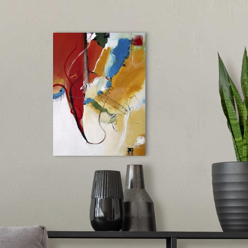 A modern room featuring Abstract contemporary art of bold primary colors on a cream background.
