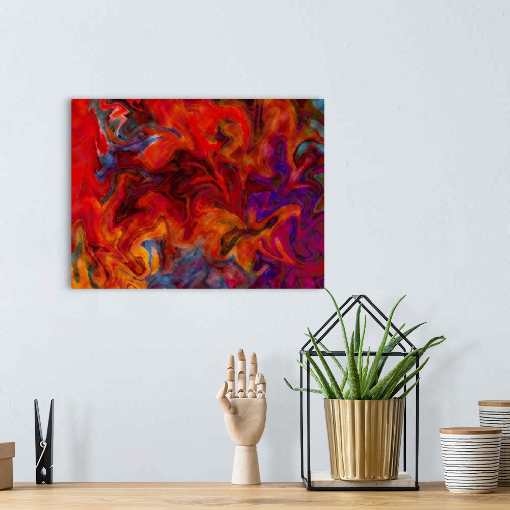 A bohemian room featuring Contemporary abstract painting using a deep red and dark purple in swirling movements resembling ...