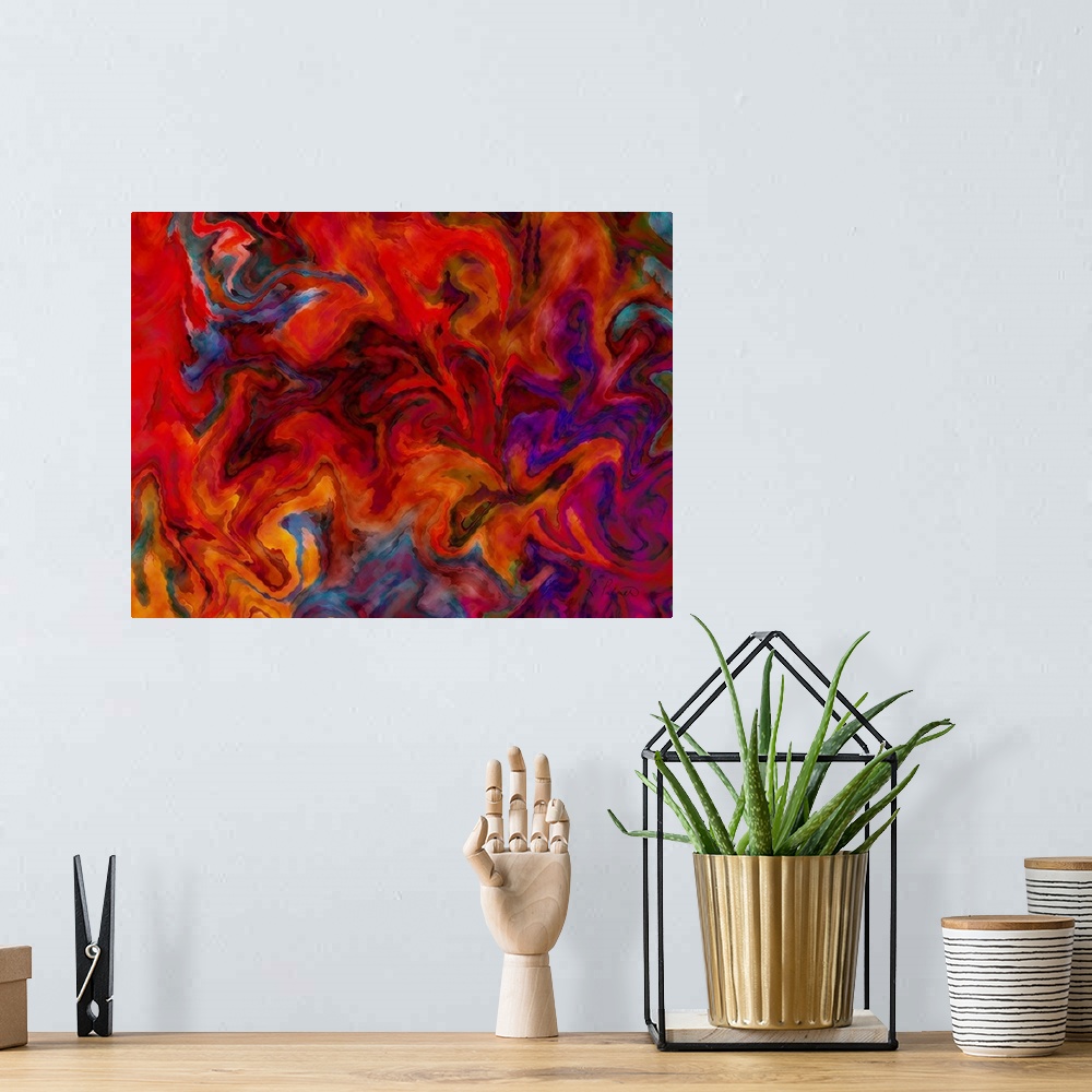 A bohemian room featuring Contemporary abstract painting using a deep red and dark purple in swirling movements resembling ...