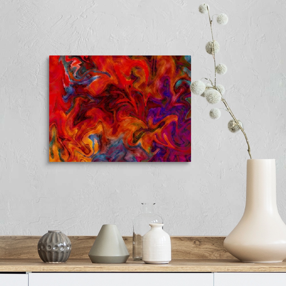 A farmhouse room featuring Contemporary abstract painting using a deep red and dark purple in swirling movements resembling ...