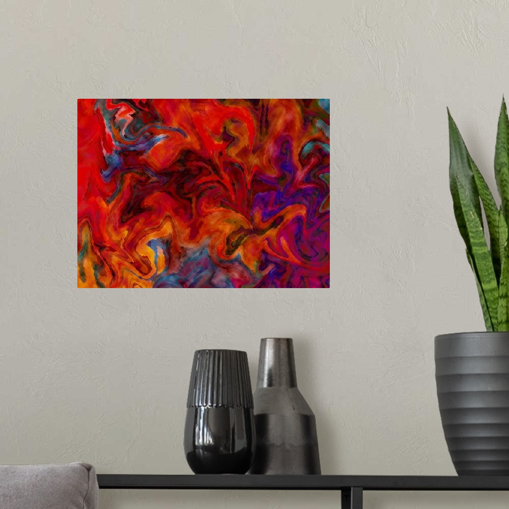 A modern room featuring Contemporary abstract painting using a deep red and dark purple in swirling movements resembling ...