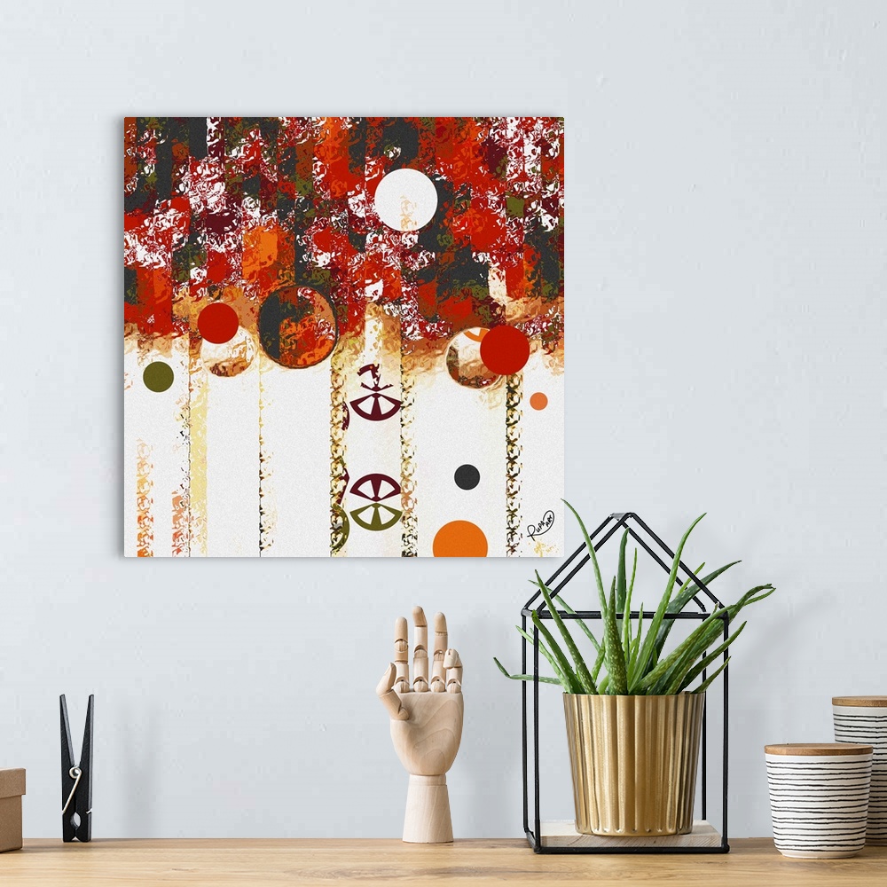 A bohemian room featuring Square abstract art with broken up square shapes at the top falling towards the bottom with circl...