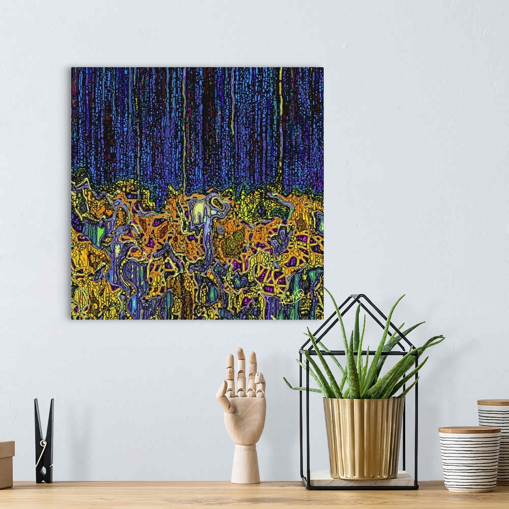 A bohemian room featuring Digital contemporary art of deep blue streaks over orange and yellow shapes.