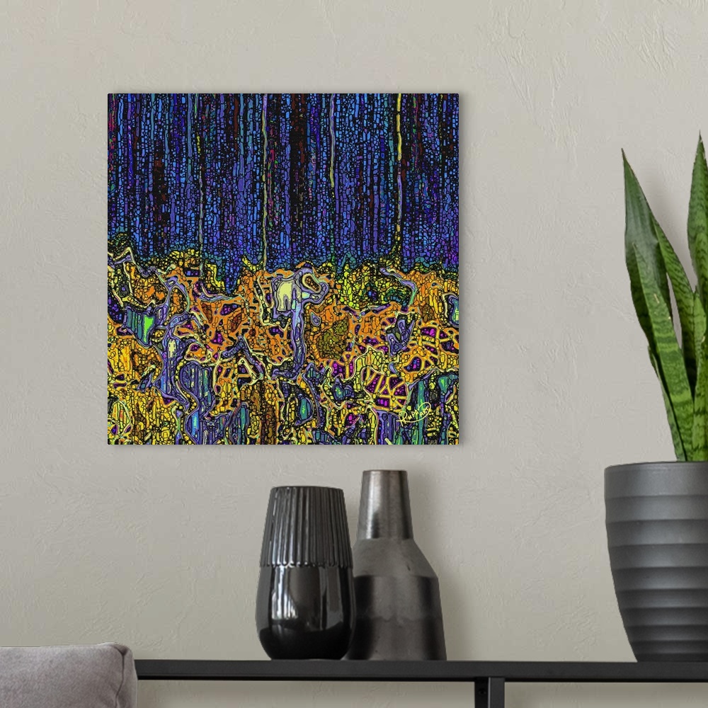 A modern room featuring Digital contemporary art of deep blue streaks over orange and yellow shapes.
