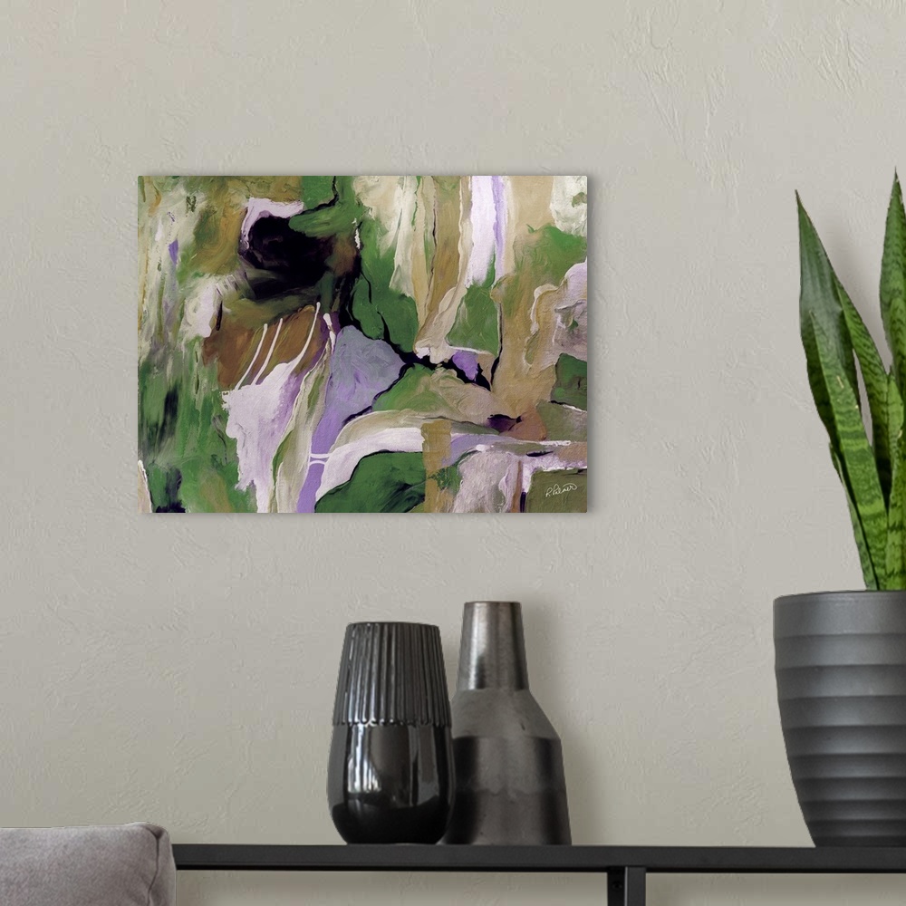 A modern room featuring Contemporary abstract painting using pale muted tones of purple and green.