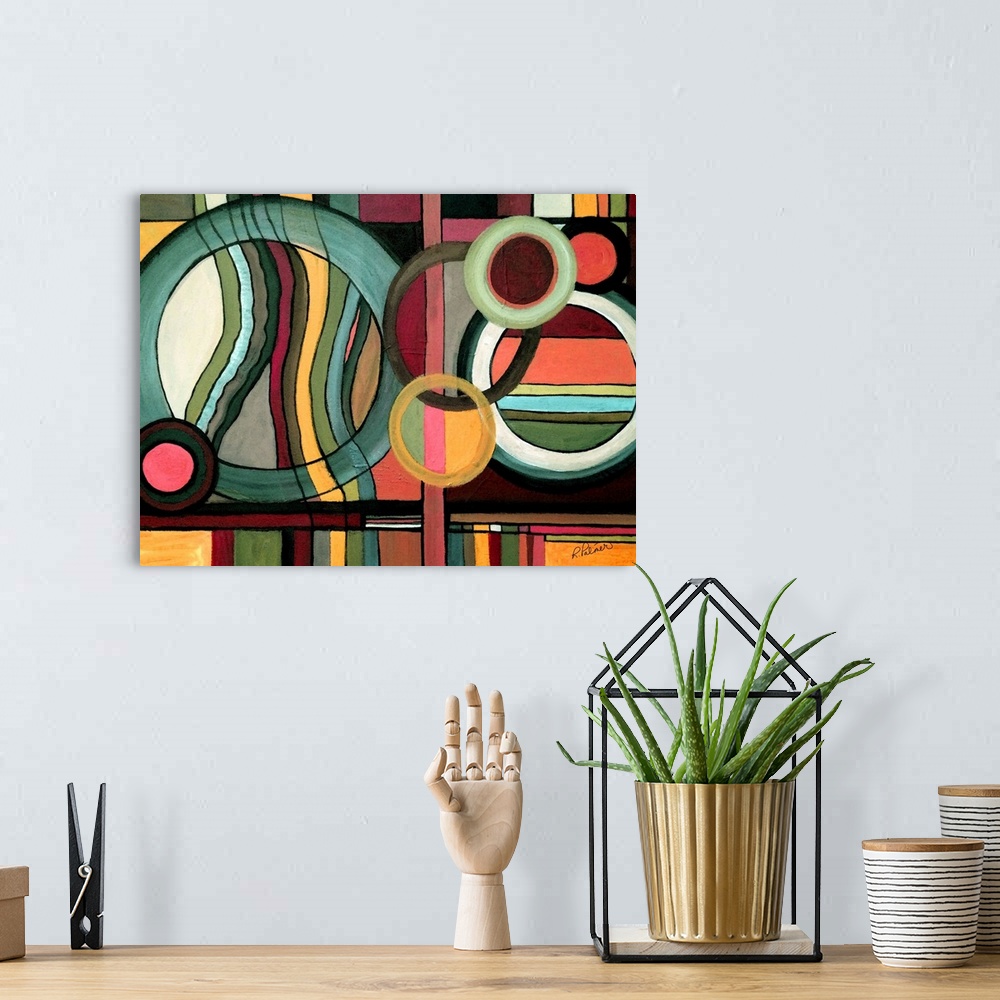 A bohemian room featuring Playful geometric abstract painting with intertwining circular shapes and lines in all directions...