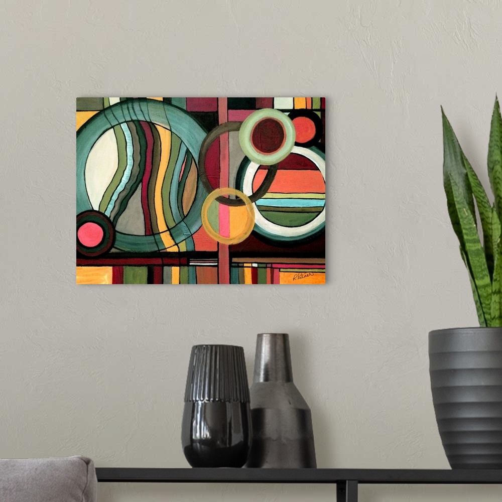 A modern room featuring Playful geometric abstract painting with intertwining circular shapes and lines in all directions...