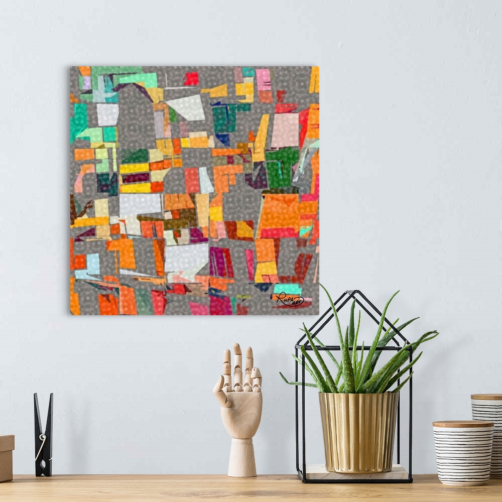 A bohemian room featuring Square abstract art with random shapes on a gray background that has a rough, blotchy pattern on ...
