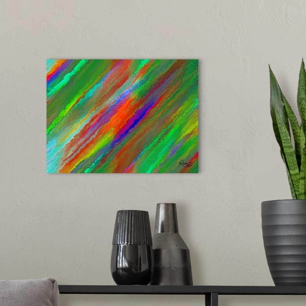 A modern room featuring Abstract art that has colorful diagonal lines filling up the canvas.