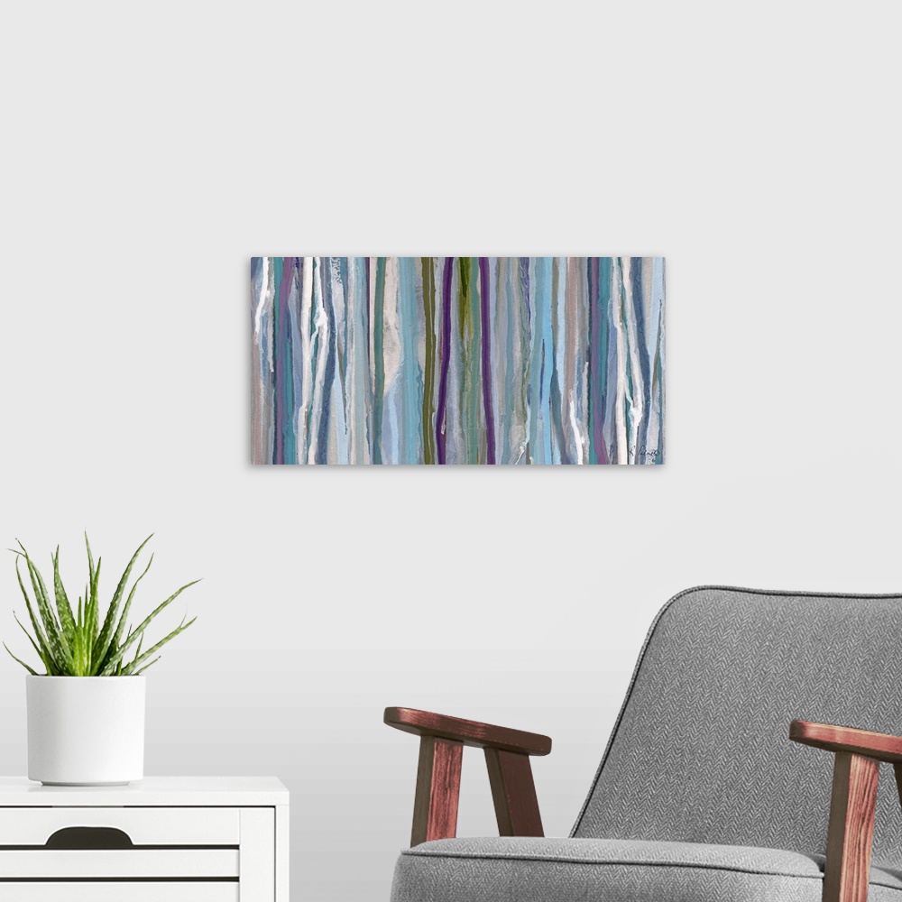 A modern room featuring Contemporary abstract painting of vertical lines of blue and purple.