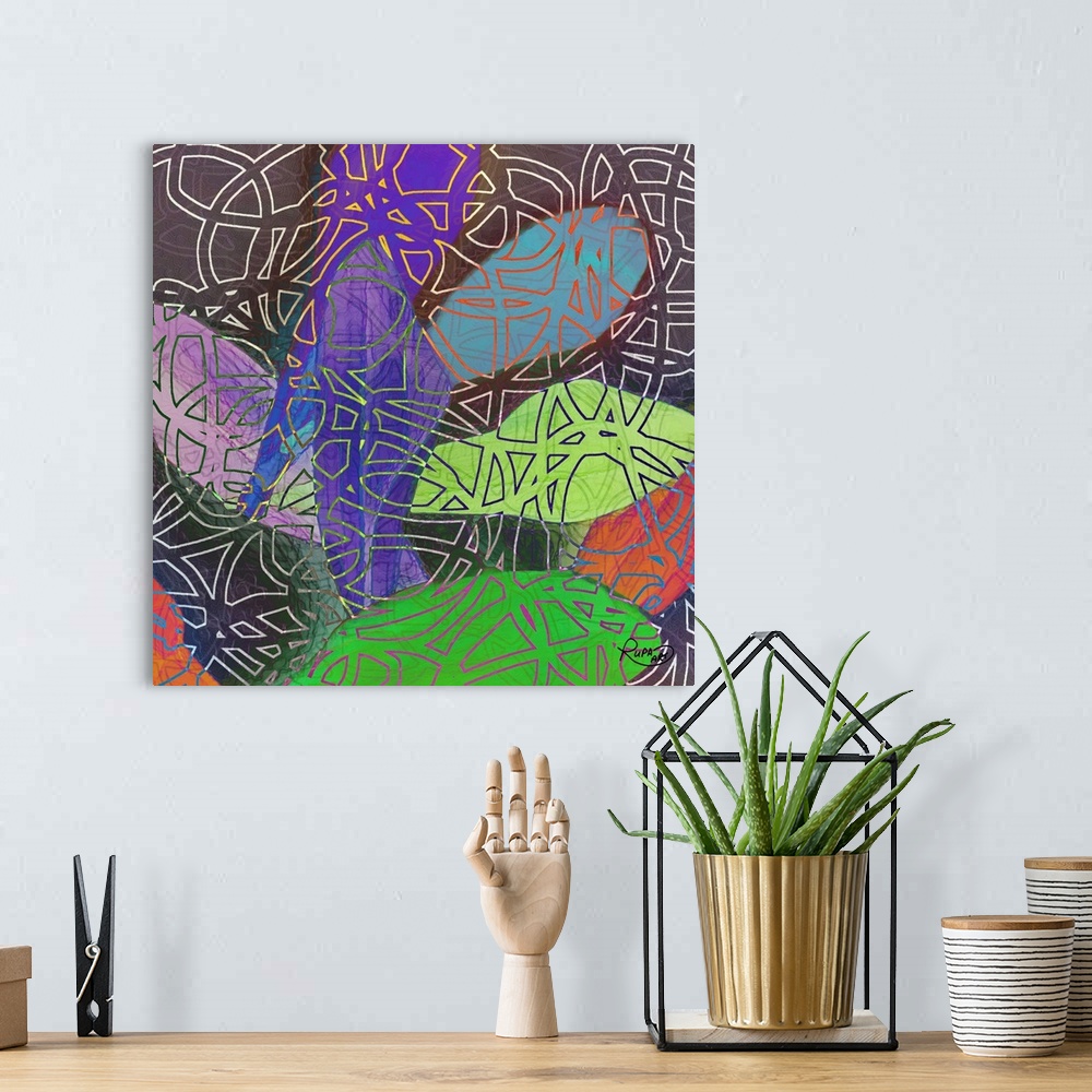 A bohemian room featuring Square abstract art with a dark background and brightly colored petal shapes with an outlined des...