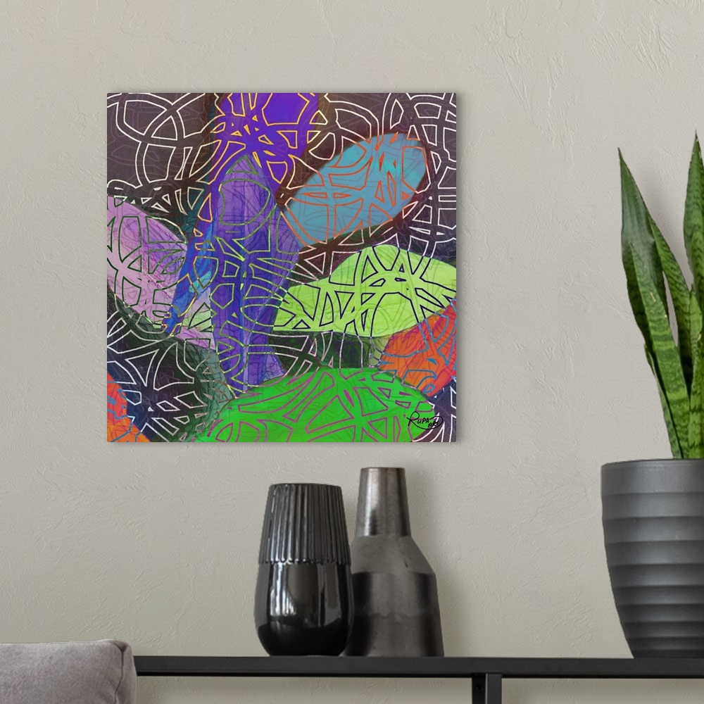 A modern room featuring Square abstract art with a dark background and brightly colored petal shapes with an outlined des...
