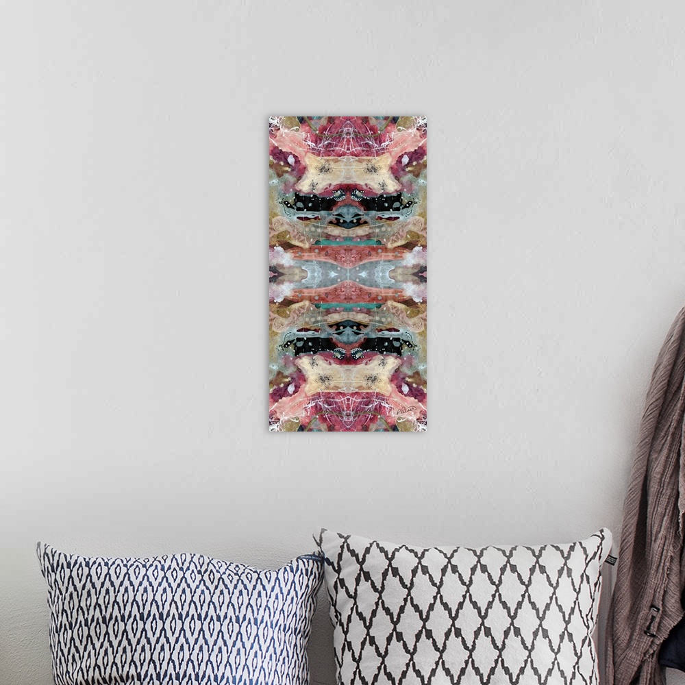 A bohemian room featuring A contemporary abstract painting mirroring itself.