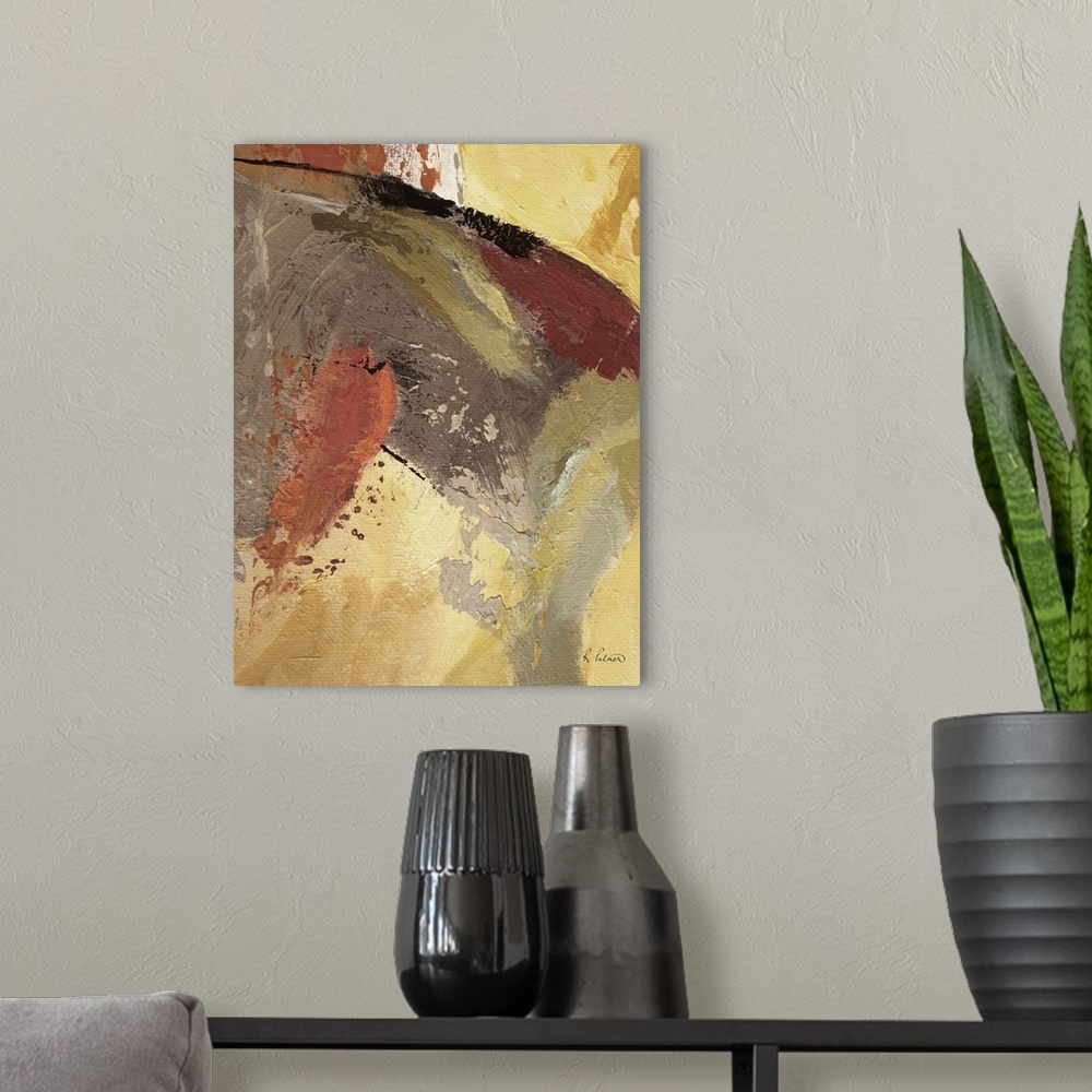 A modern room featuring Contemporary abstract artwork with flowing colors in yellow and rusty copper tones.