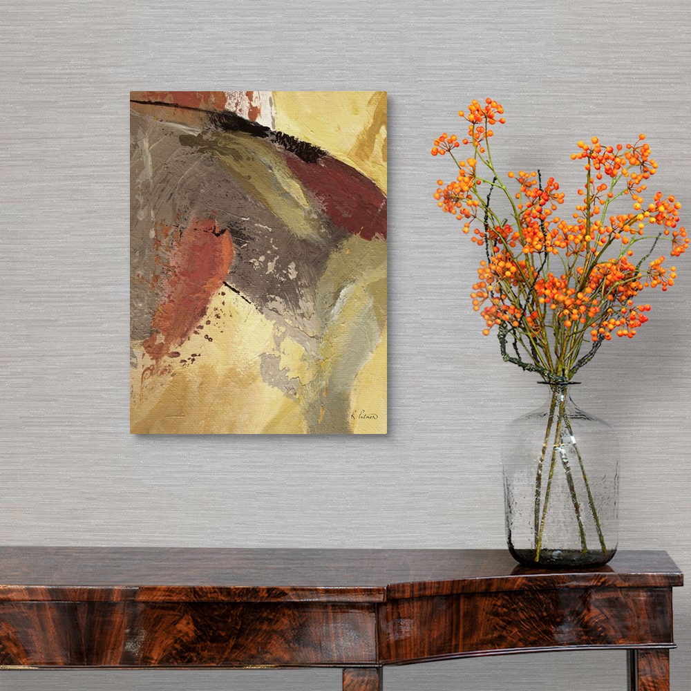 A traditional room featuring Contemporary abstract artwork with flowing colors in yellow and rusty copper tones.