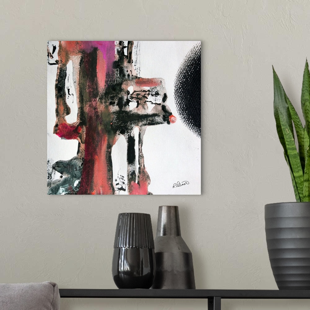 A modern room featuring Square abstract painting in shades of pink, red, black, and gray on a white background.