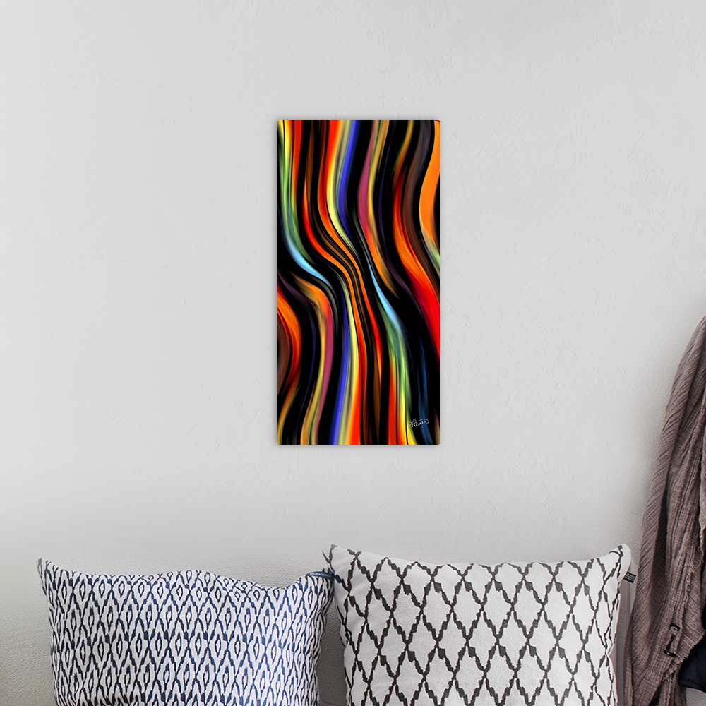 A bohemian room featuring Contemporary abstract artwork of a silky colorful flowing lines.