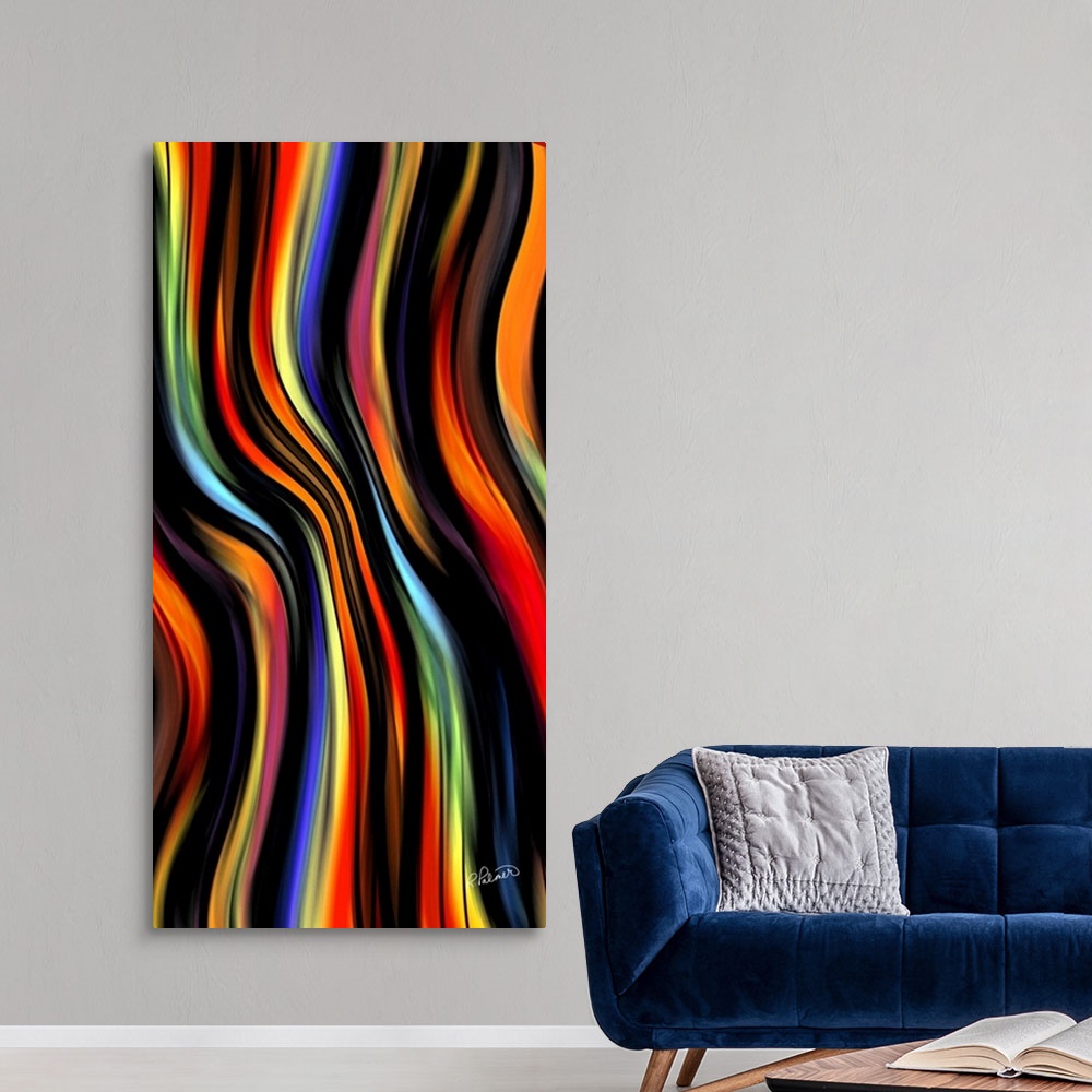 A modern room featuring Contemporary abstract artwork of a silky colorful flowing lines.