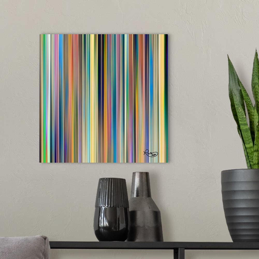 A modern room featuring Square abstract art with thin, colorful, vertical lines side by side.