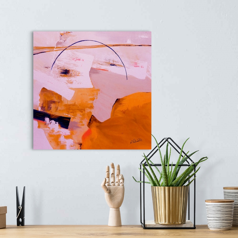 A bohemian room featuring Square abstract painting in shades of pink and orange with bold purple brushstrokes found through...