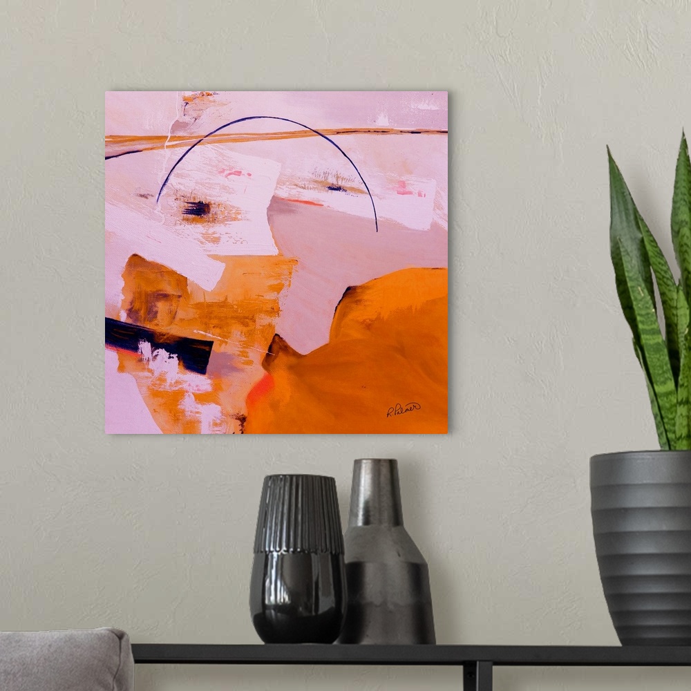 A modern room featuring Square abstract painting in shades of pink and orange with bold purple brushstrokes found through...