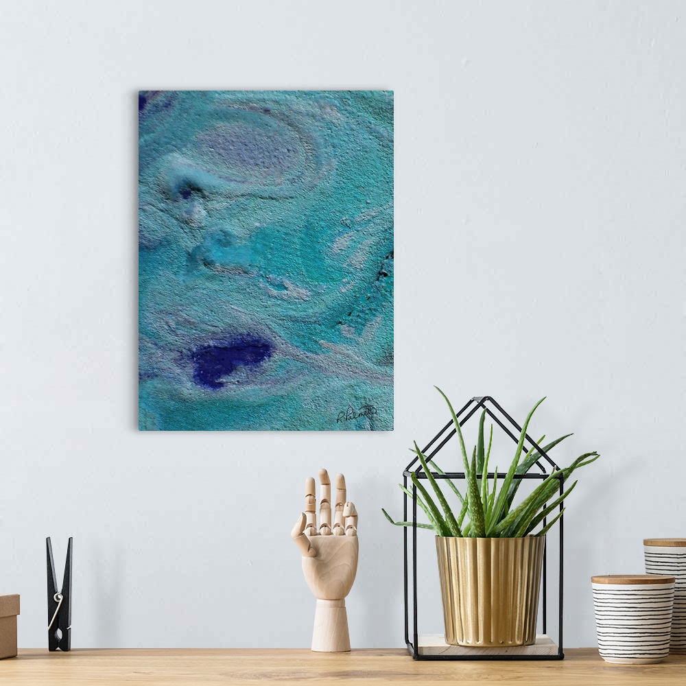 A bohemian room featuring Contemporary abstract painting using swirling teal and blue colors.