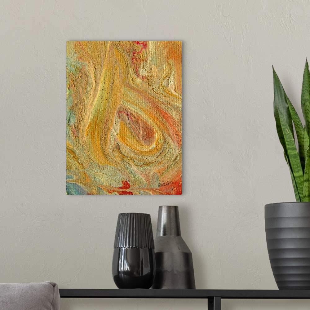 A modern room featuring Contemporary abstract painting using swirling pale yellow and orange paint.