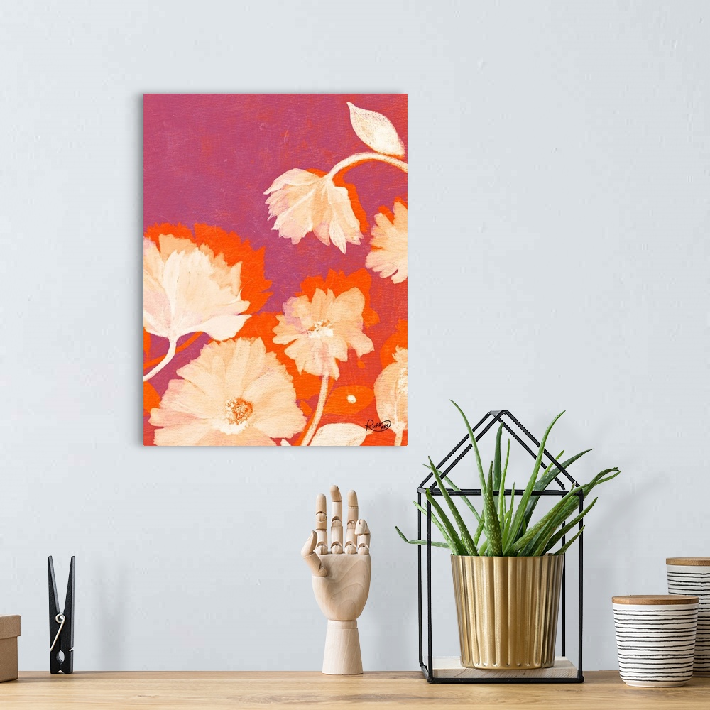 A bohemian room featuring Vertical artwork of blooming flowers in vibrant colors of pink, orange and yellow.