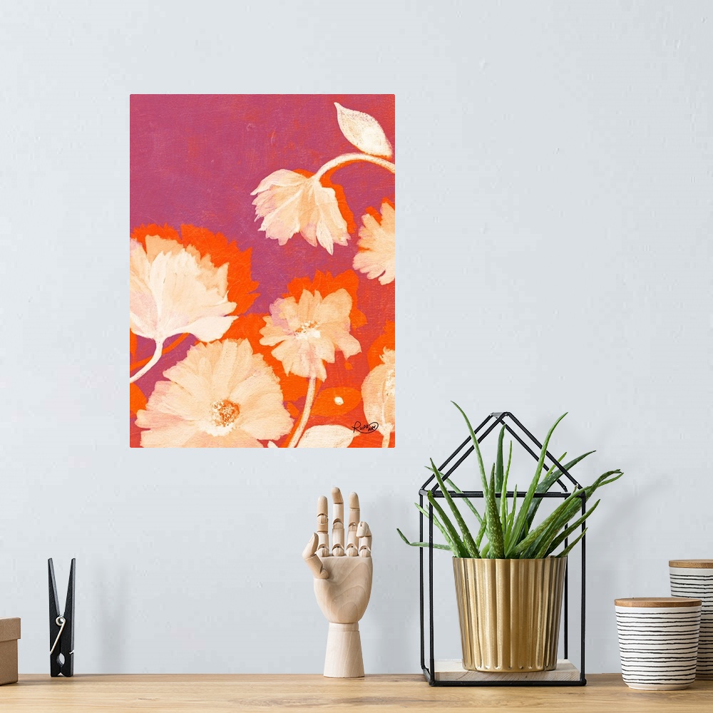 A bohemian room featuring Vertical artwork of blooming flowers in vibrant colors of pink, orange and yellow.