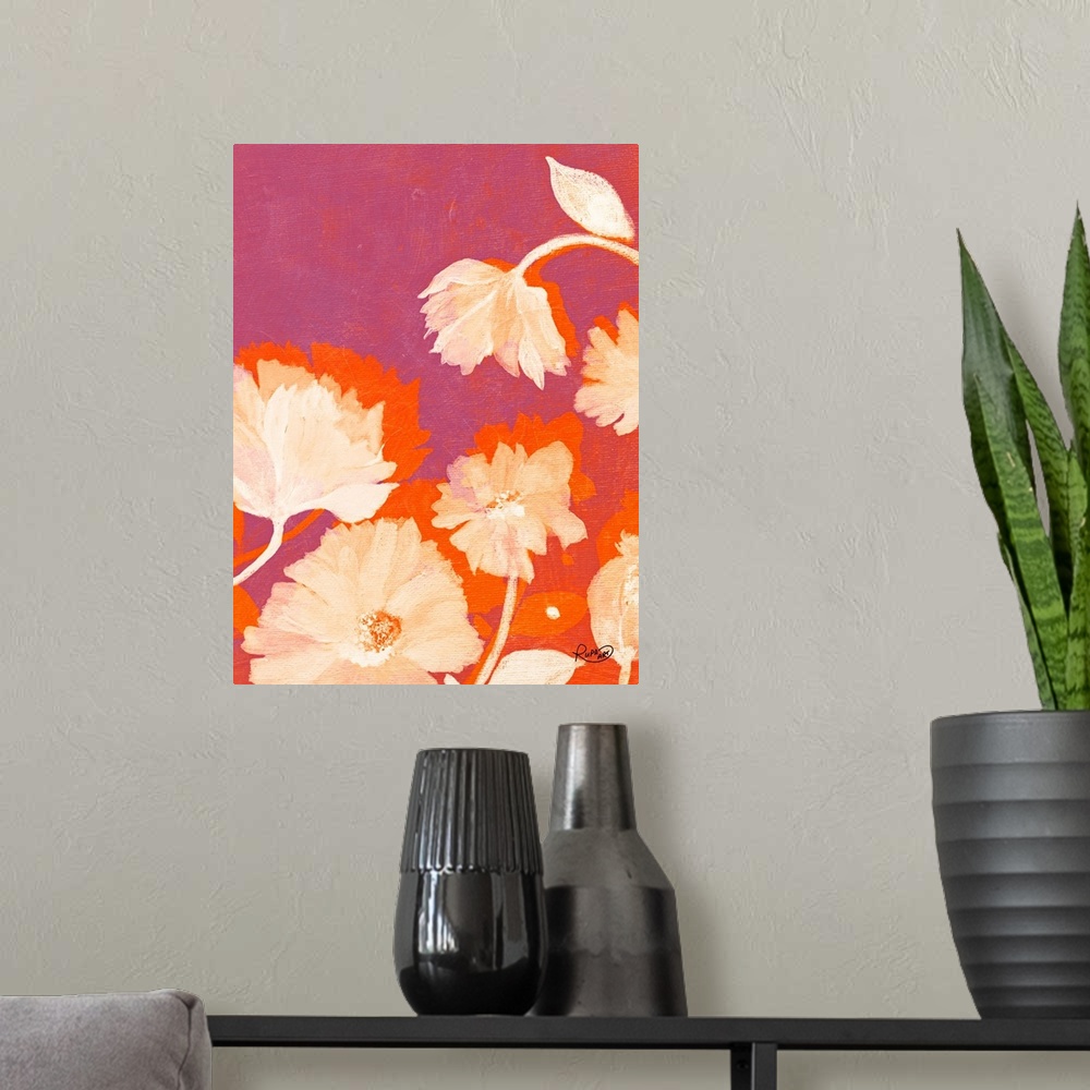 A modern room featuring Vertical artwork of blooming flowers in vibrant colors of pink, orange and yellow.