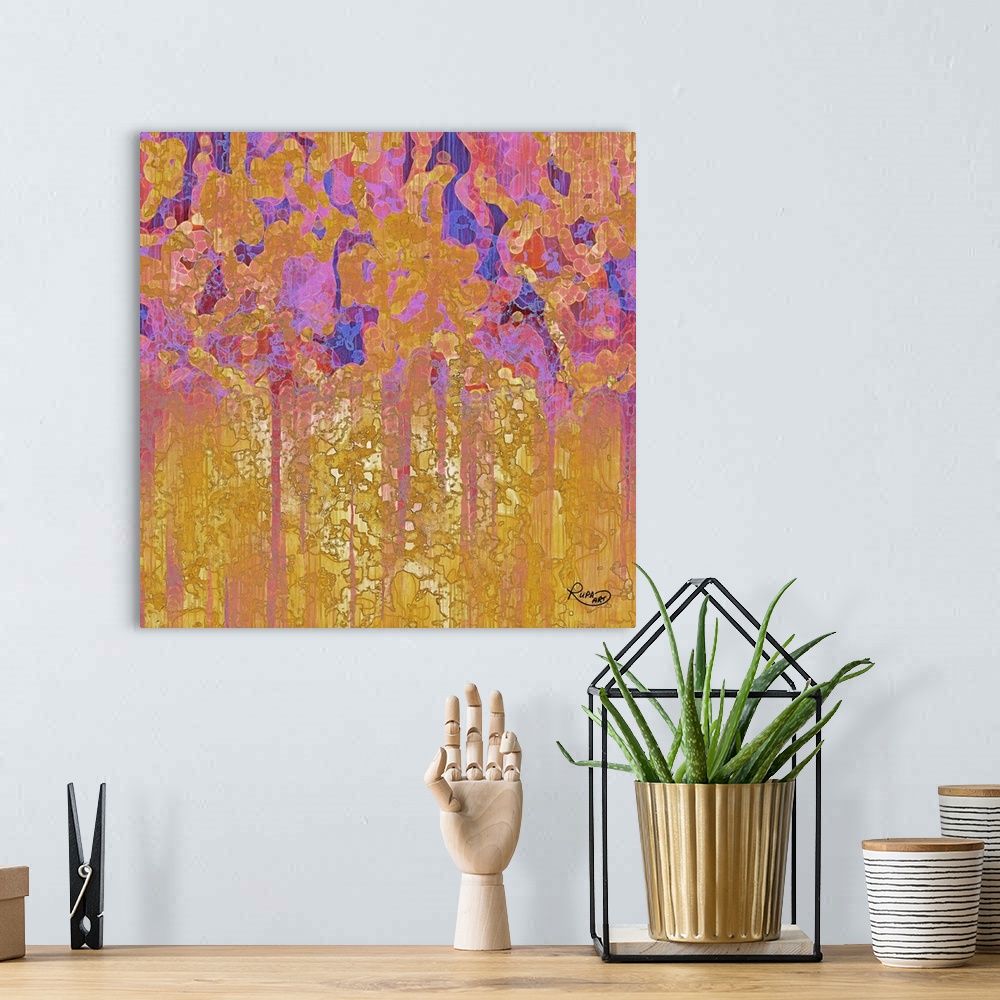 A bohemian room featuring Contemporary abstract artwork of vivid organic shapes in gold and purple.