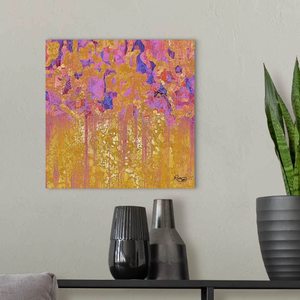 A modern room featuring Contemporary abstract artwork of vivid organic shapes in gold and purple.