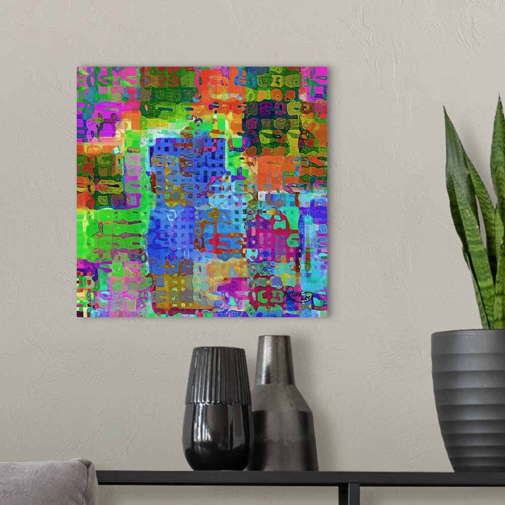 A modern room featuring Square abstract art with very colorful shapes and patterns all combined together.