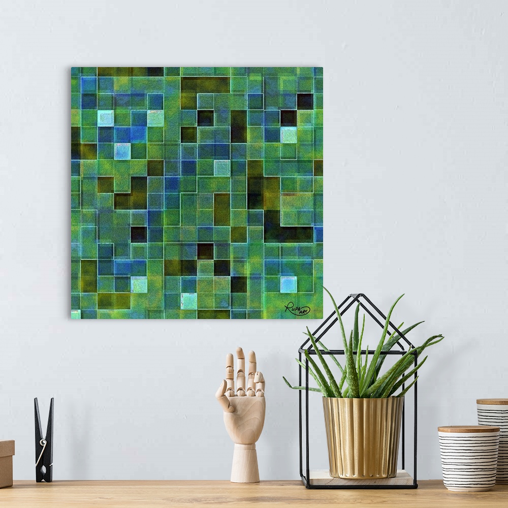 A bohemian room featuring Square abstract art that is made up of green and blue toned squares filled with color creating a ...
